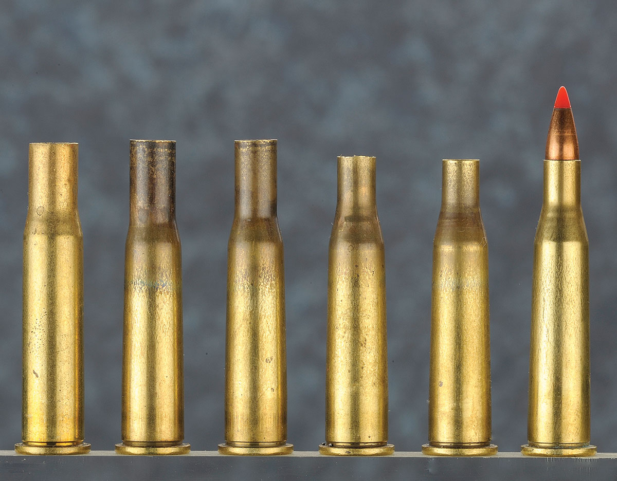 The complete forming process includes the .30-30 Winchester case on the left as a starting point and the completed round on the far right.
